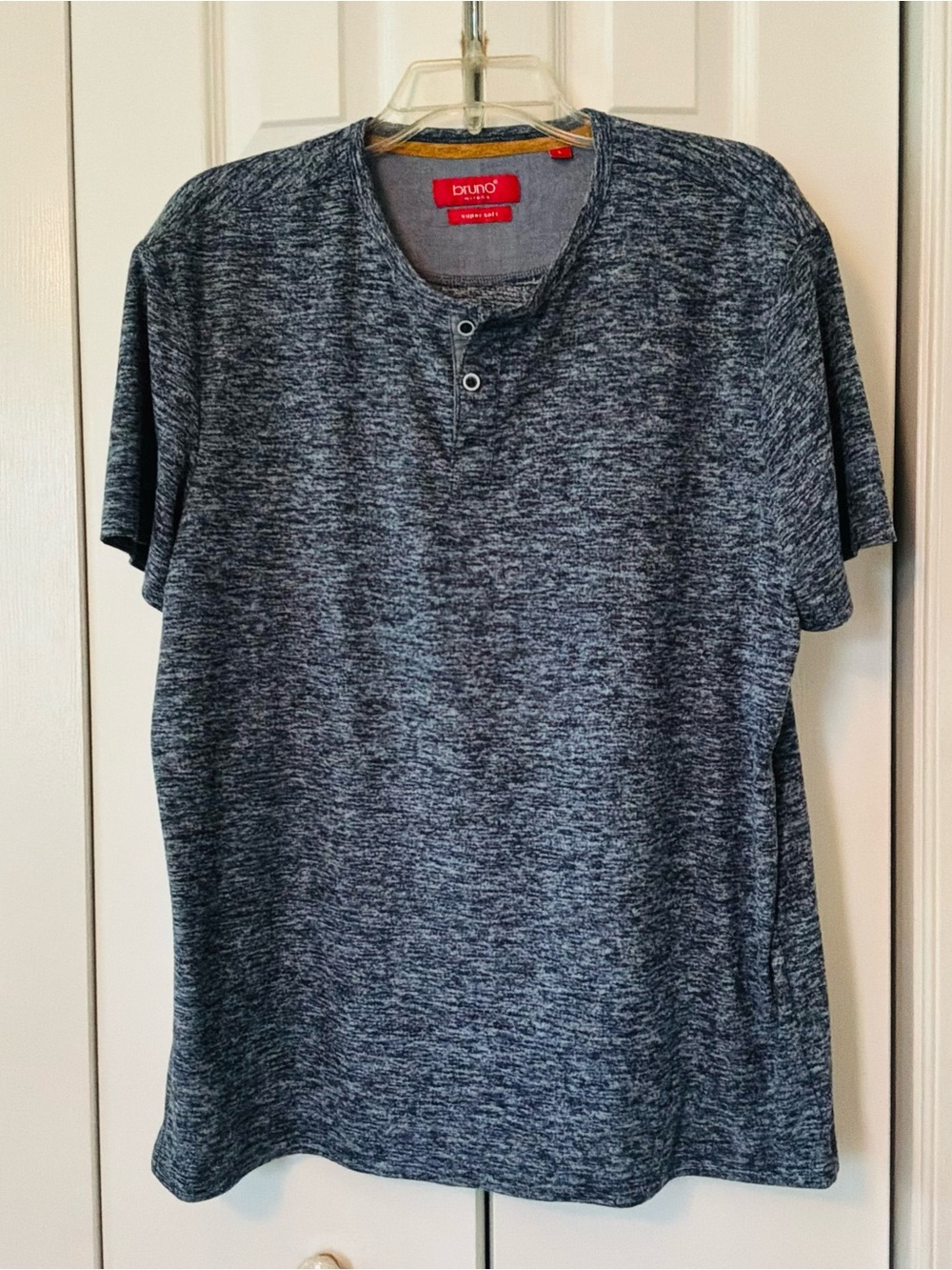 Bruno Milano Mens LARGE Blue Heather Henley Super Soft T-Shirt Short Sleeve